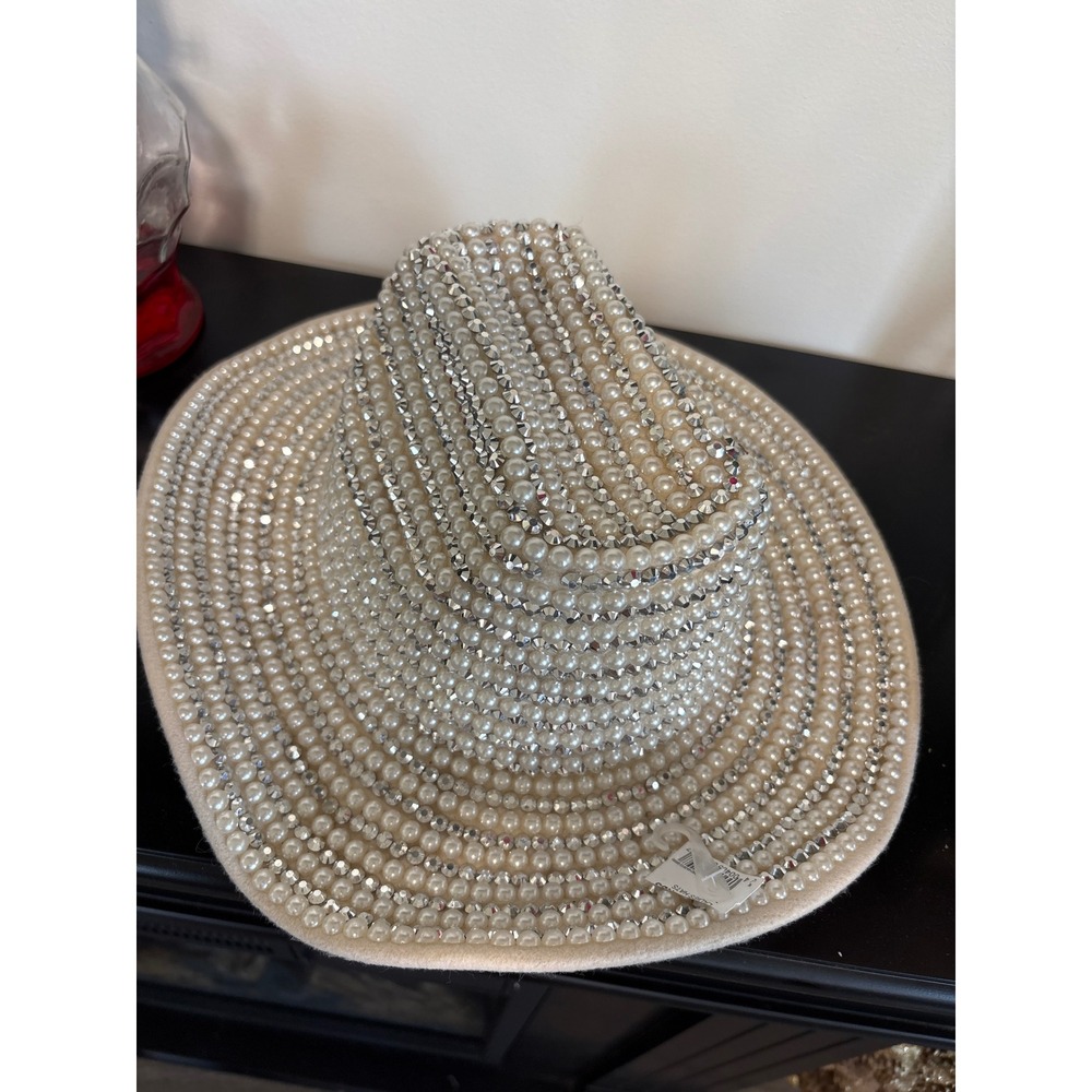 Cream Faux Pearl and Rhinestone Embellished Cowboy Bridal Hat Western Glam NEW